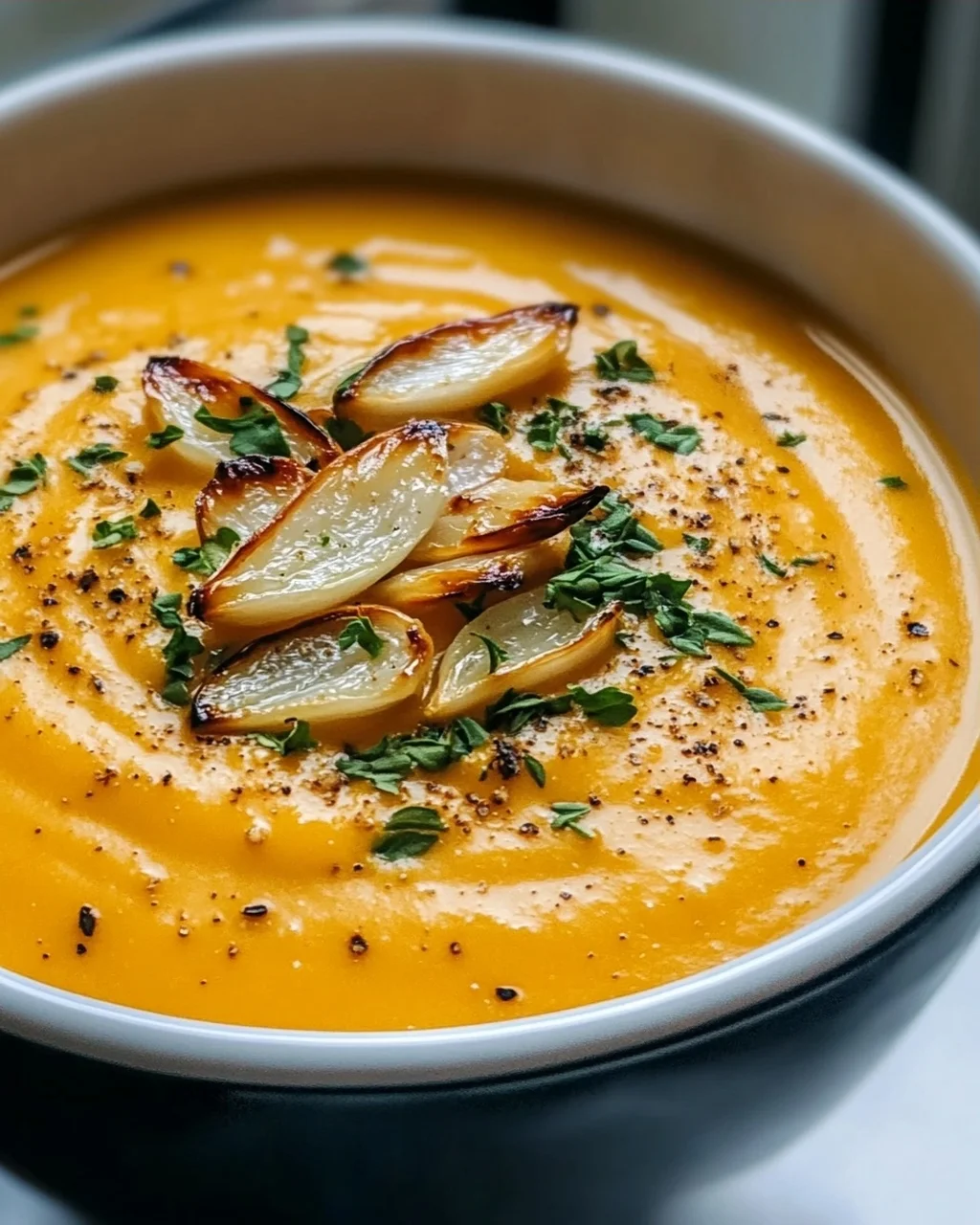 Aromatische Hokkaido Kürbissuppe mit geröstetem Knoblauchöl
