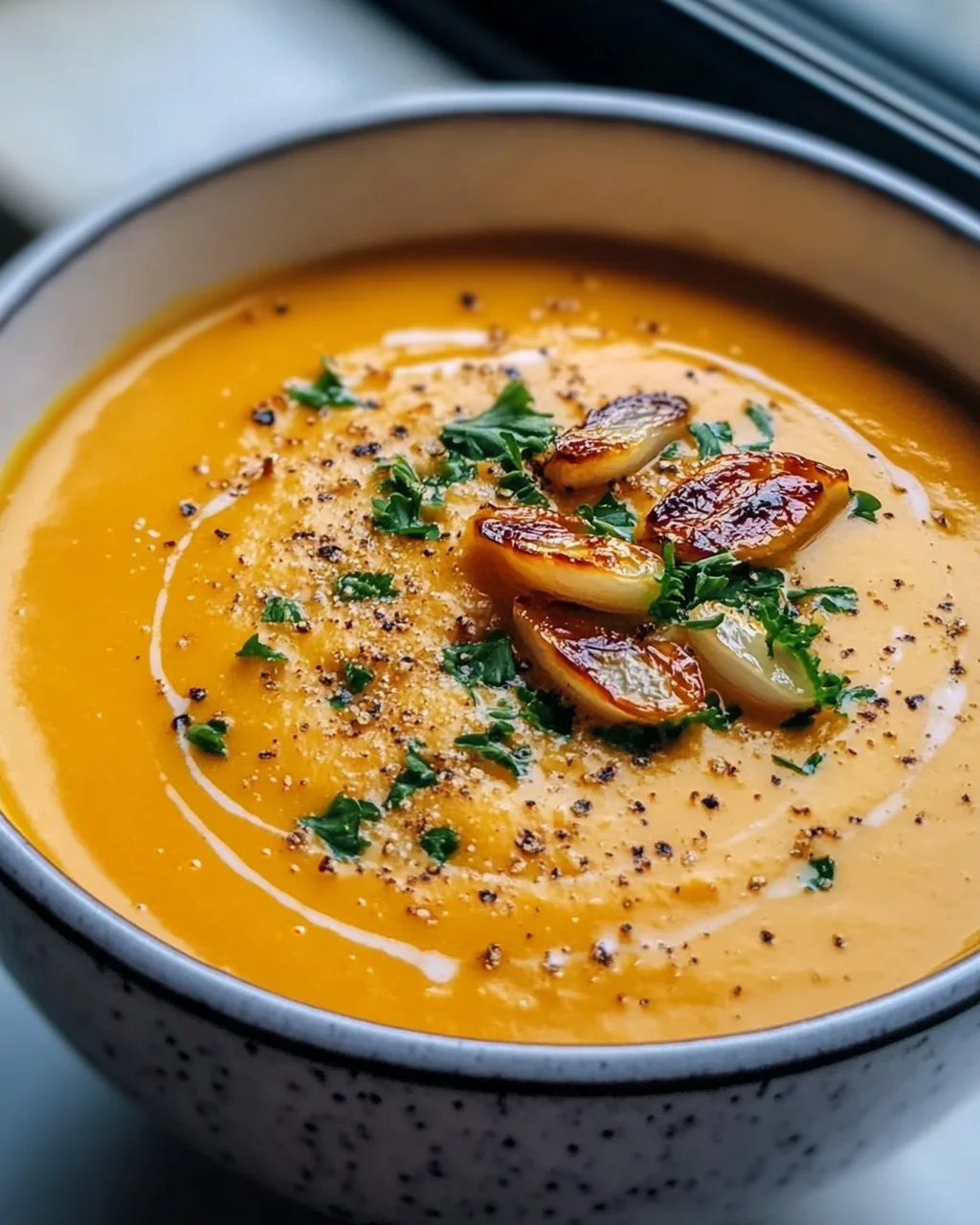 Aromatische Hokkaido Kürbissuppe mit geröstetem Knoblauchöl