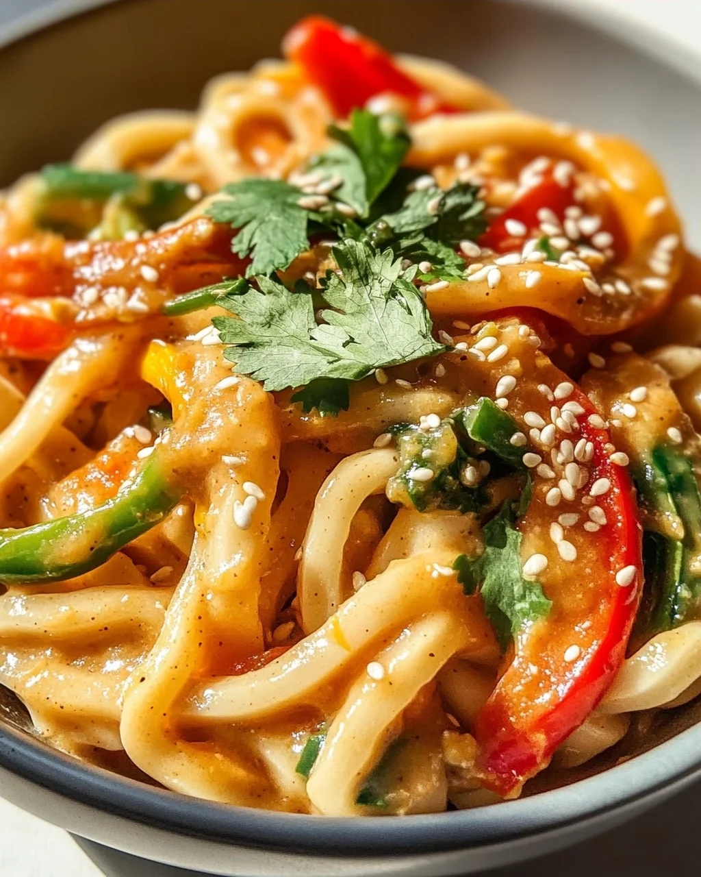 Asiatische Udon Nudeln mit Erdnusssauce und frischem Gemüse