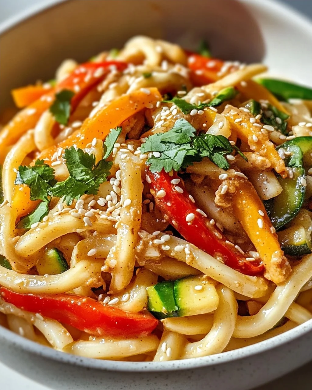 Asiatische Udon Nudeln mit Erdnusssauce und frischem Gemüse