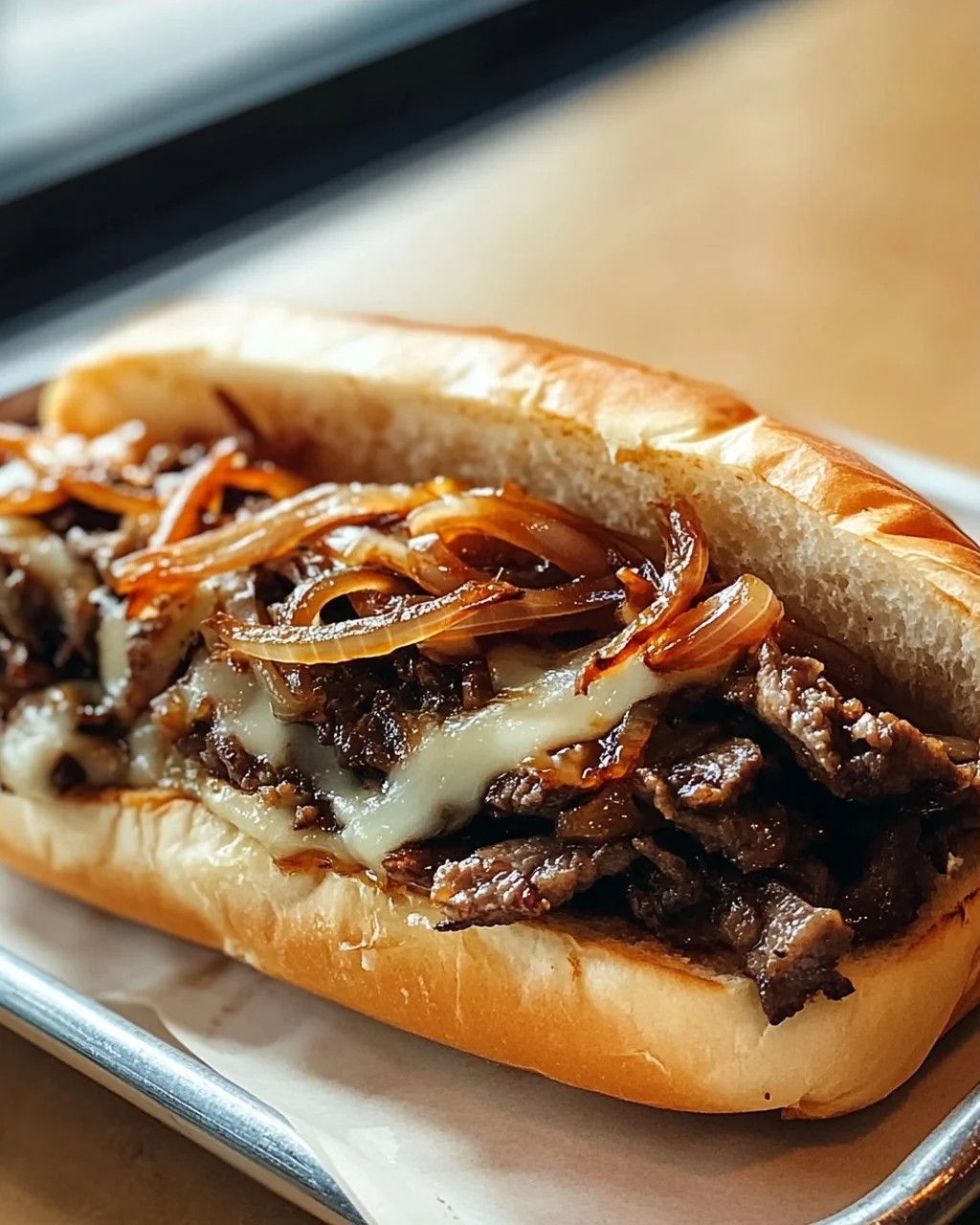 Bulgogi Cheesesteak auf dem Blech mit karamellisierten Zwiebeln
