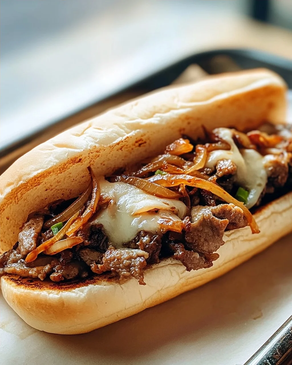 Bulgogi Cheesesteak auf dem Blech mit karamellisierten Zwiebeln