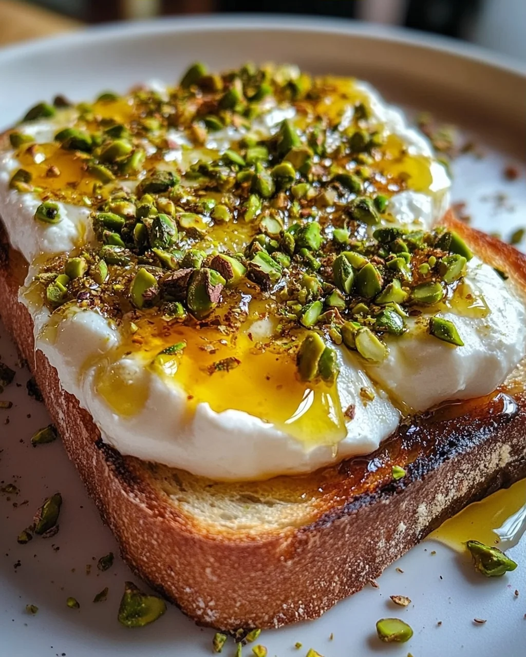 Burrata-Toast mit Pistazien und heißem Honig