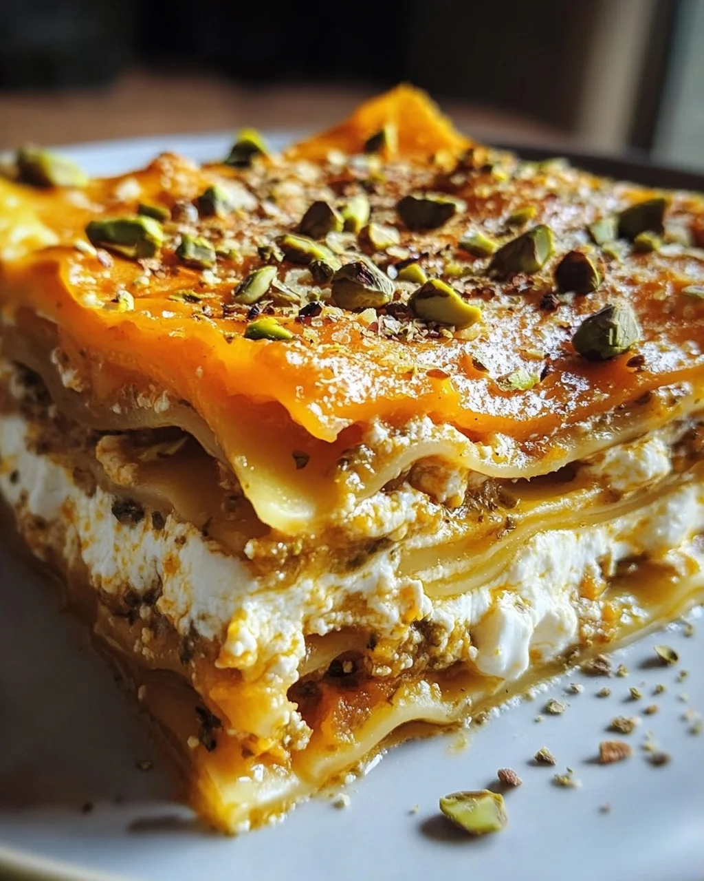 Cremige Kürbislasagne mit Ricotta und Pistazien