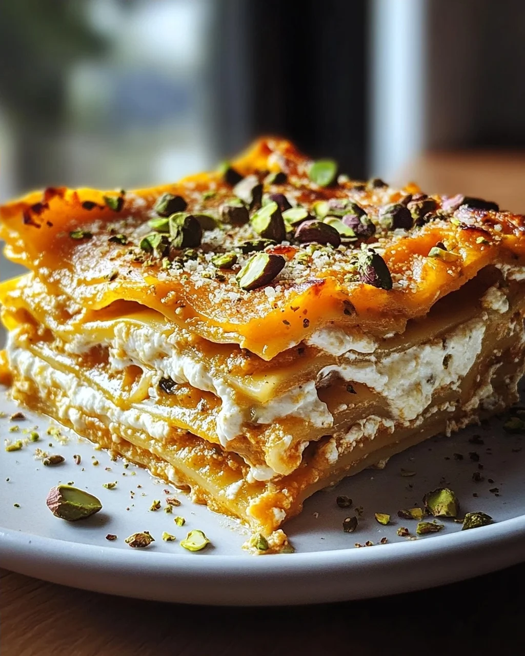 Cremige Kürbislasagne mit Ricotta und Pistazien