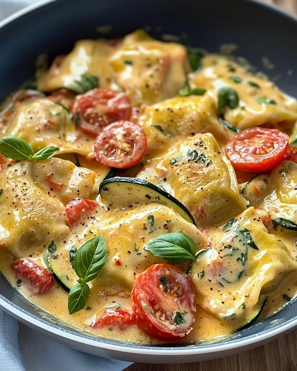 Cremige Maultaschenpfanne mit Zucchini und Tomaten genießen