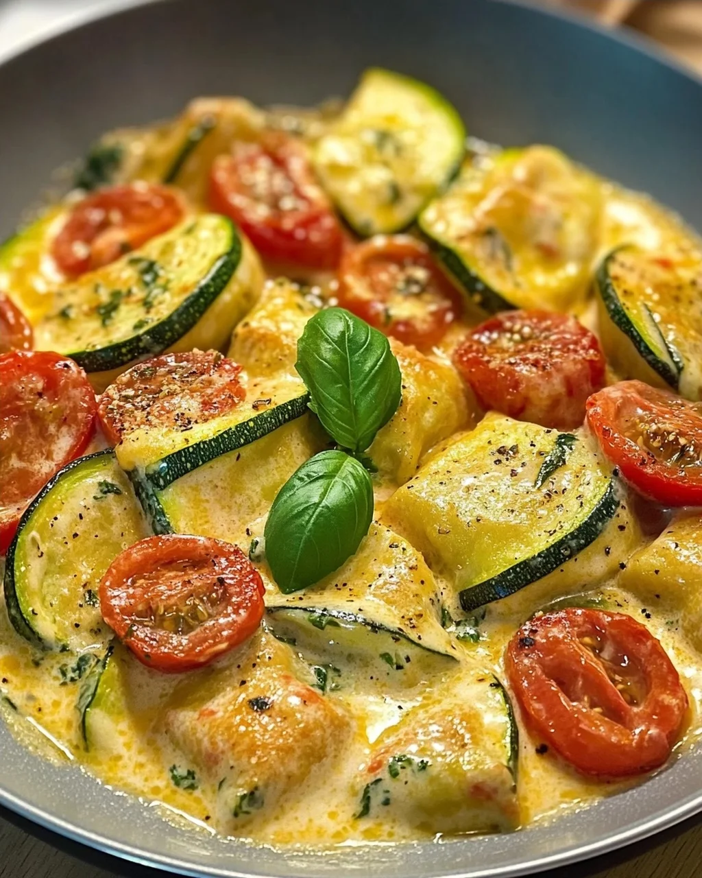 Cremige Maultaschenpfanne mit Zucchini und Tomaten genießen