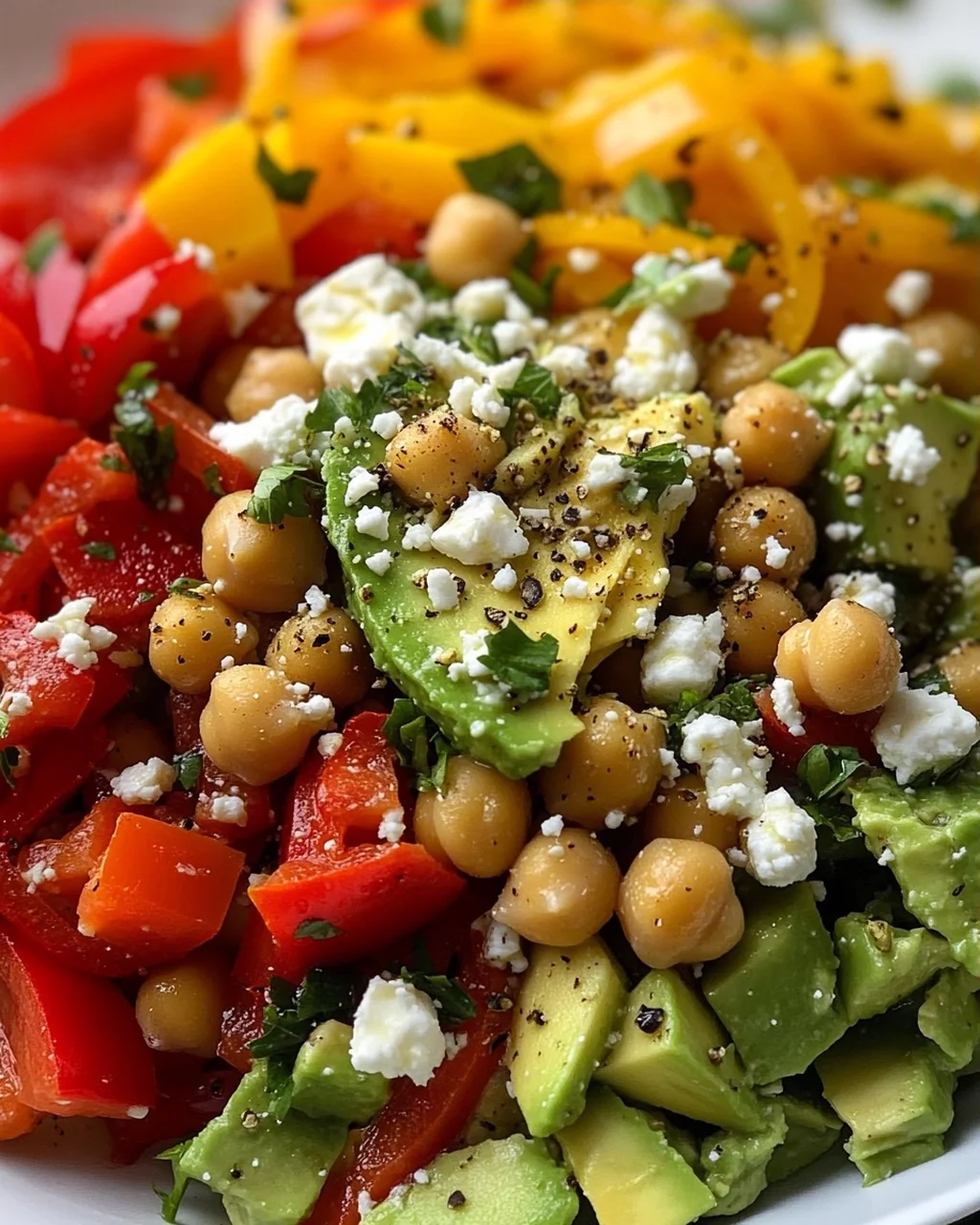 Kichererbsen-Feta-Avocado-Salat mit gerösteten Paprika