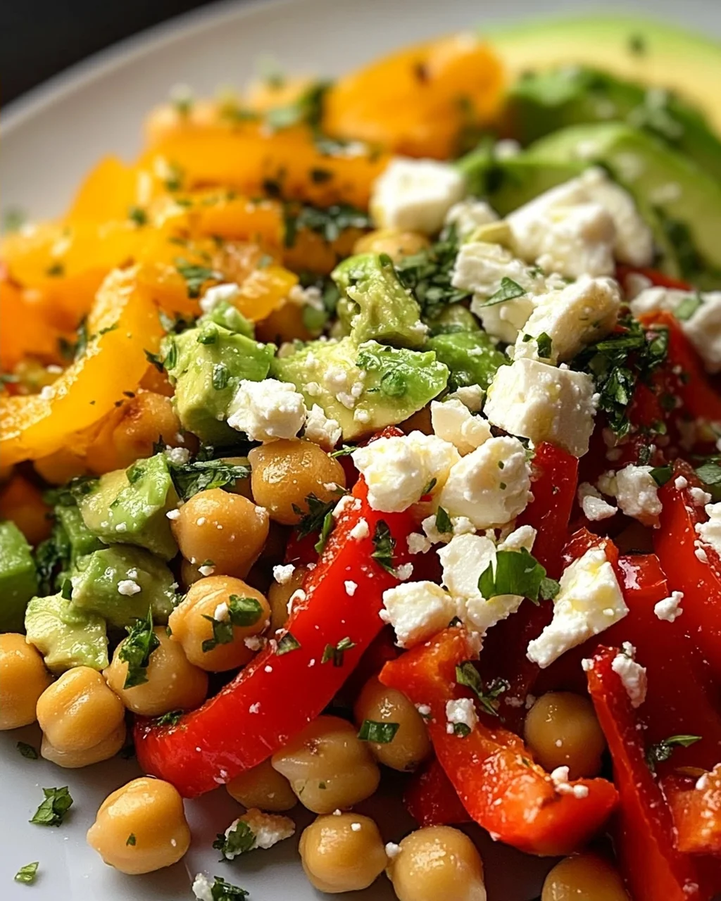 Kichererbsen-Feta-Avocado-Salat mit gerösteten Paprika