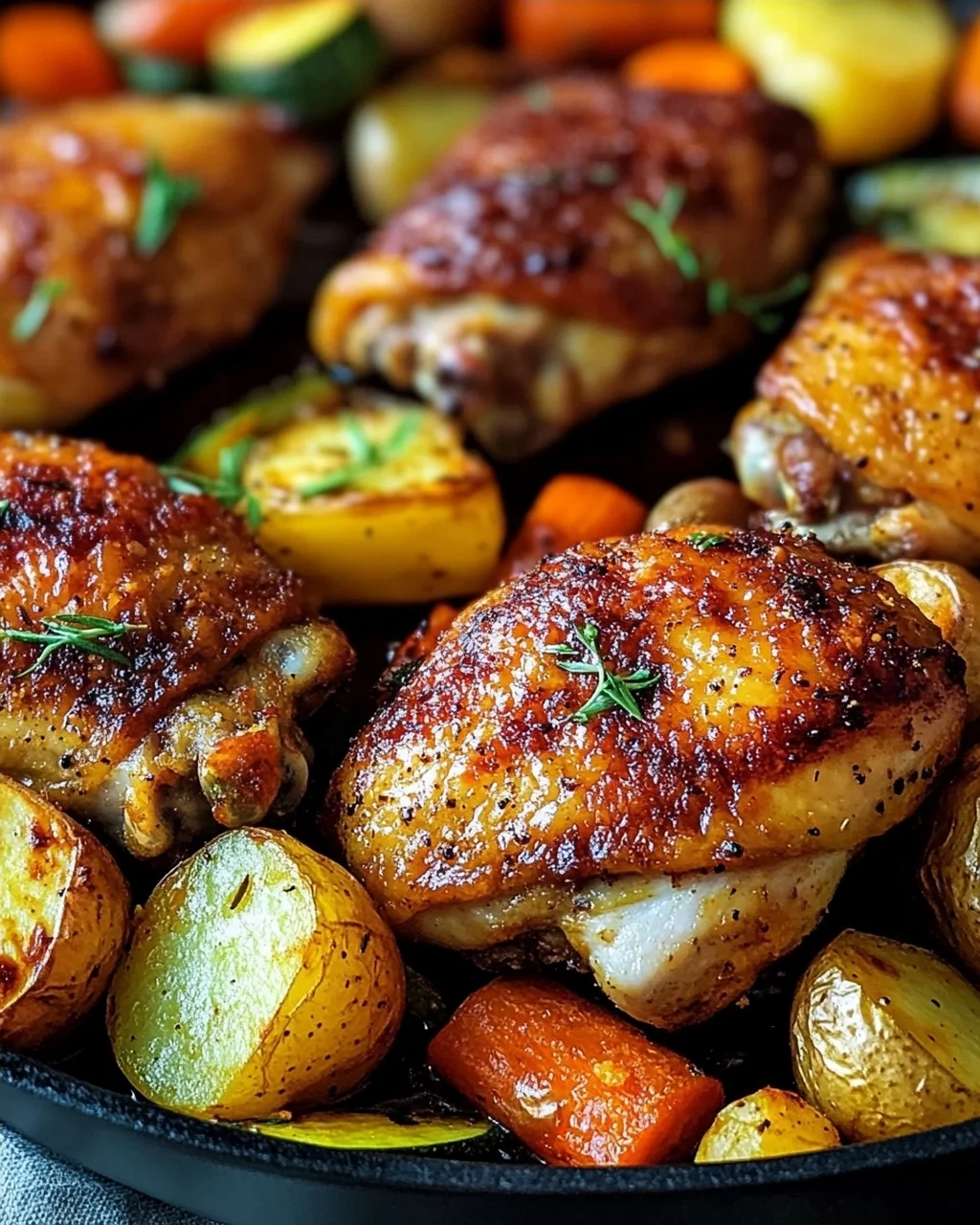 Knusprige Hähnchenschenkel mit Ofengemüse