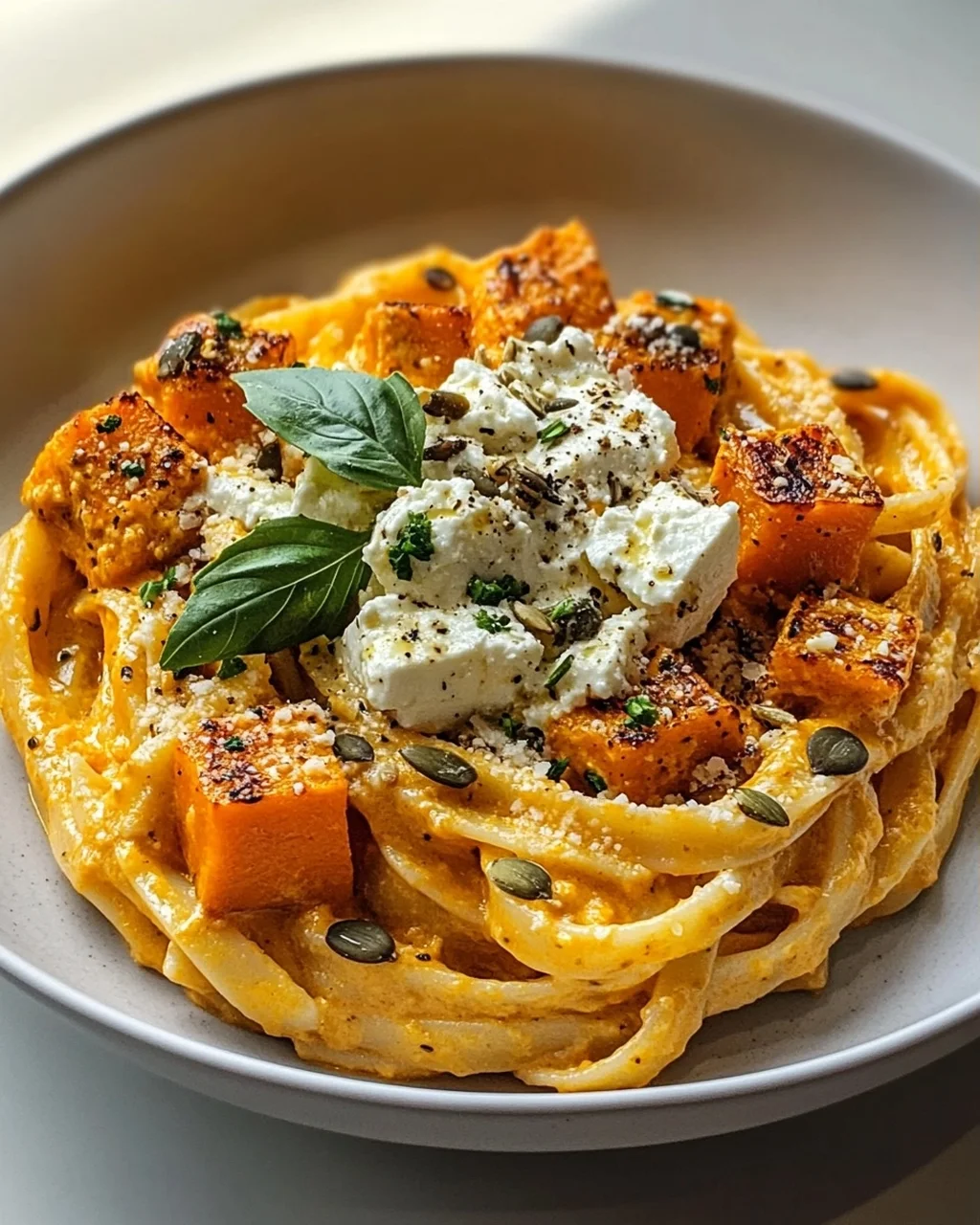 Kürbis-Feta-Pasta: Cremig, aromatisch, mit knusprigen Kernen