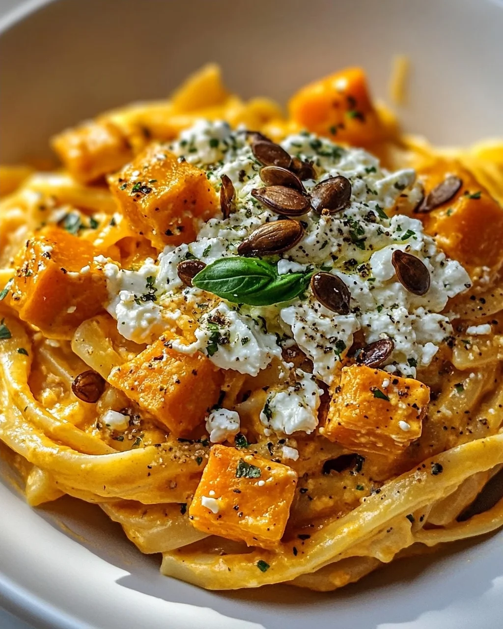 Kürbis-Feta-Pasta: Cremig, aromatisch, mit knusprigen Kernen