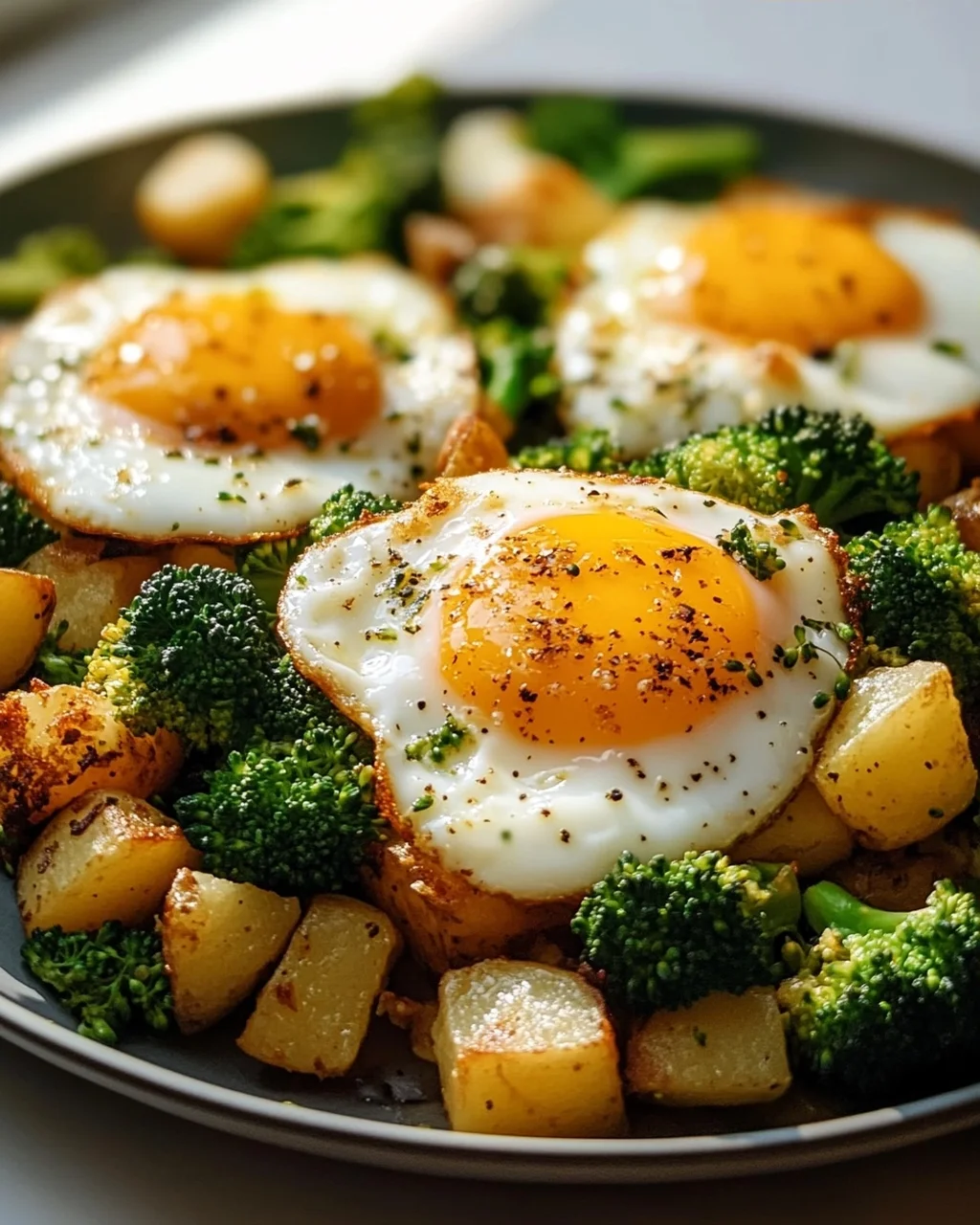 Leckeres Kartoffel-Brokkoli Frühstücks-Hash mit Spiegeleiern
