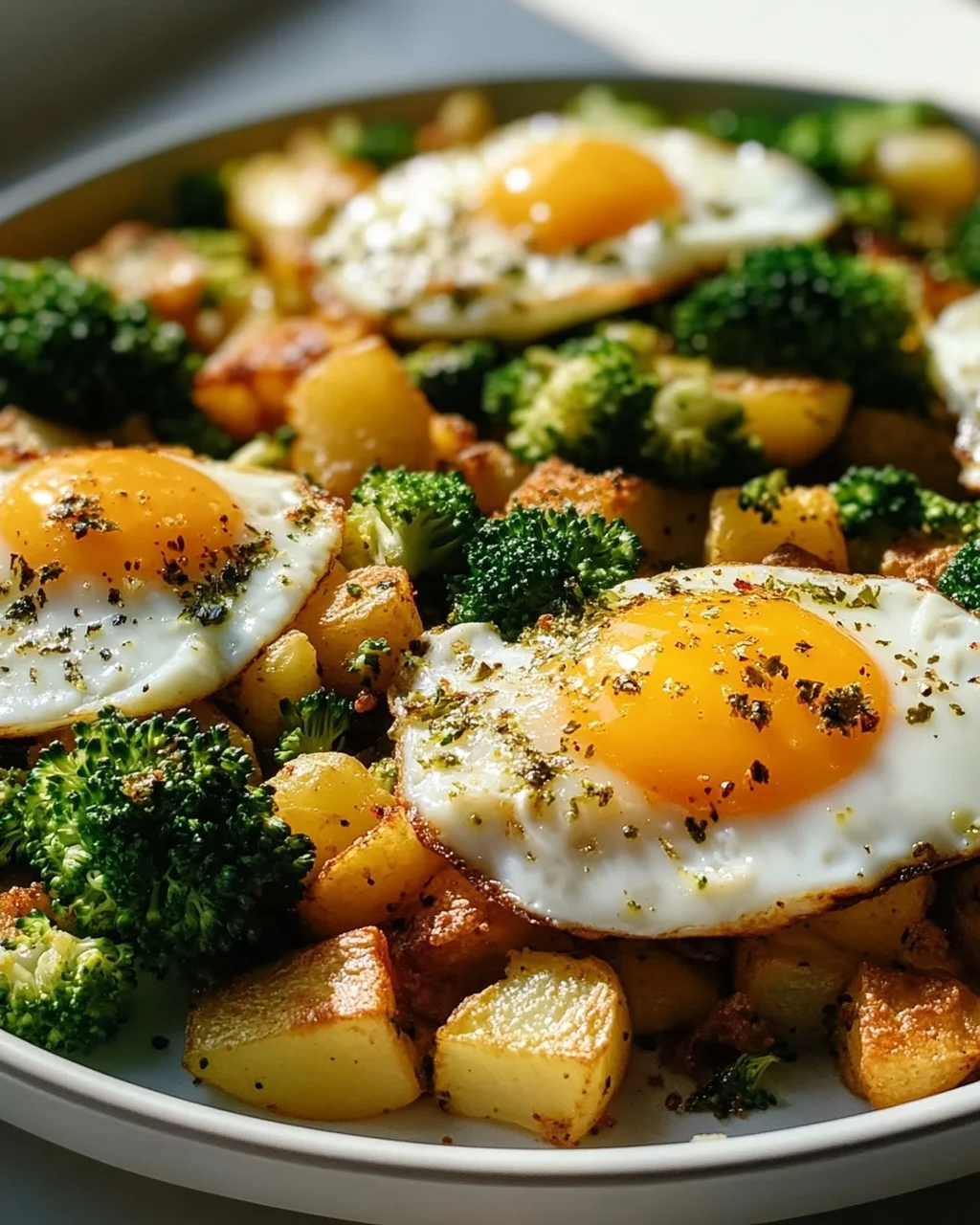 Leckeres Kartoffel-Brokkoli Frühstücks-Hash mit Spiegeleiern