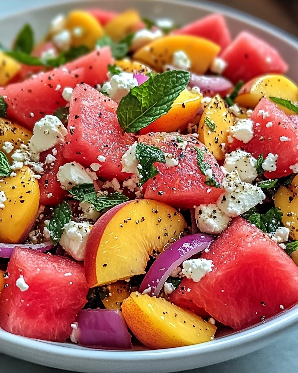 Pfirsich Wassermelonen Salat für heiße Sommertage