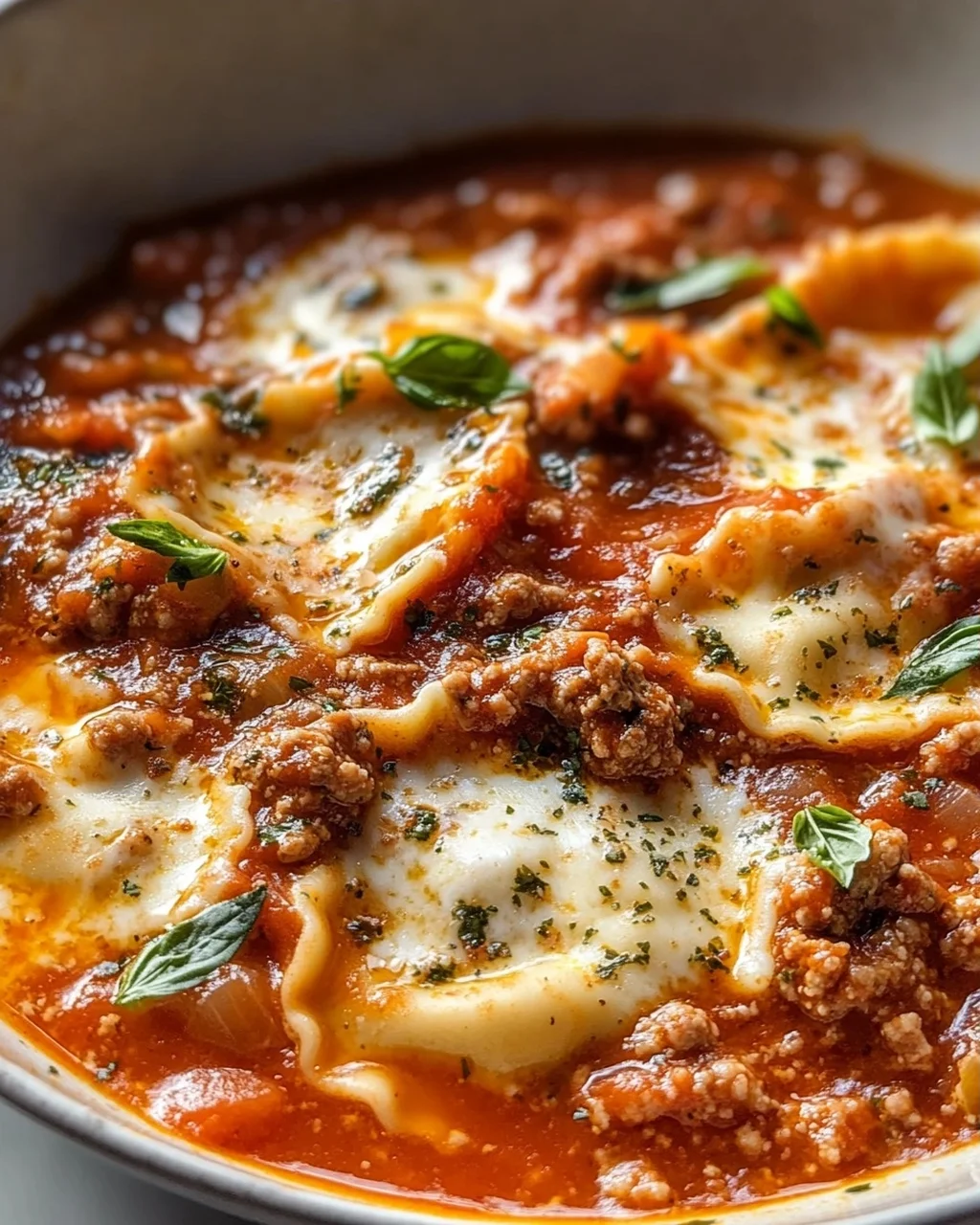 Pizzasuppe mit Hackfleisch & Ravioli in Tomatensahne-Sauce