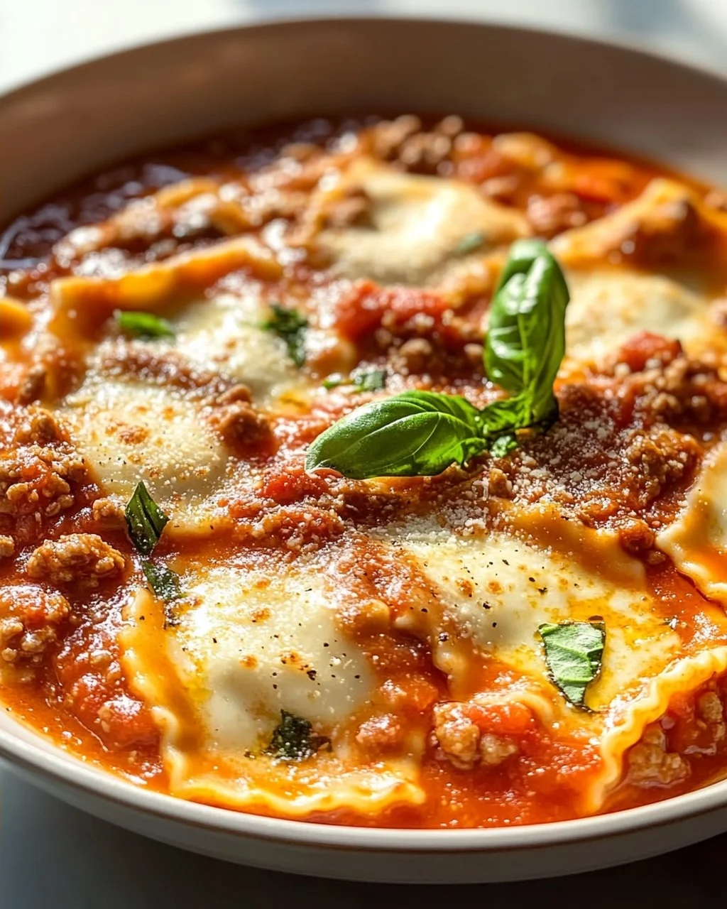 Pizzasuppe mit Hackfleisch & Ravioli in Tomatensahne-Sauce