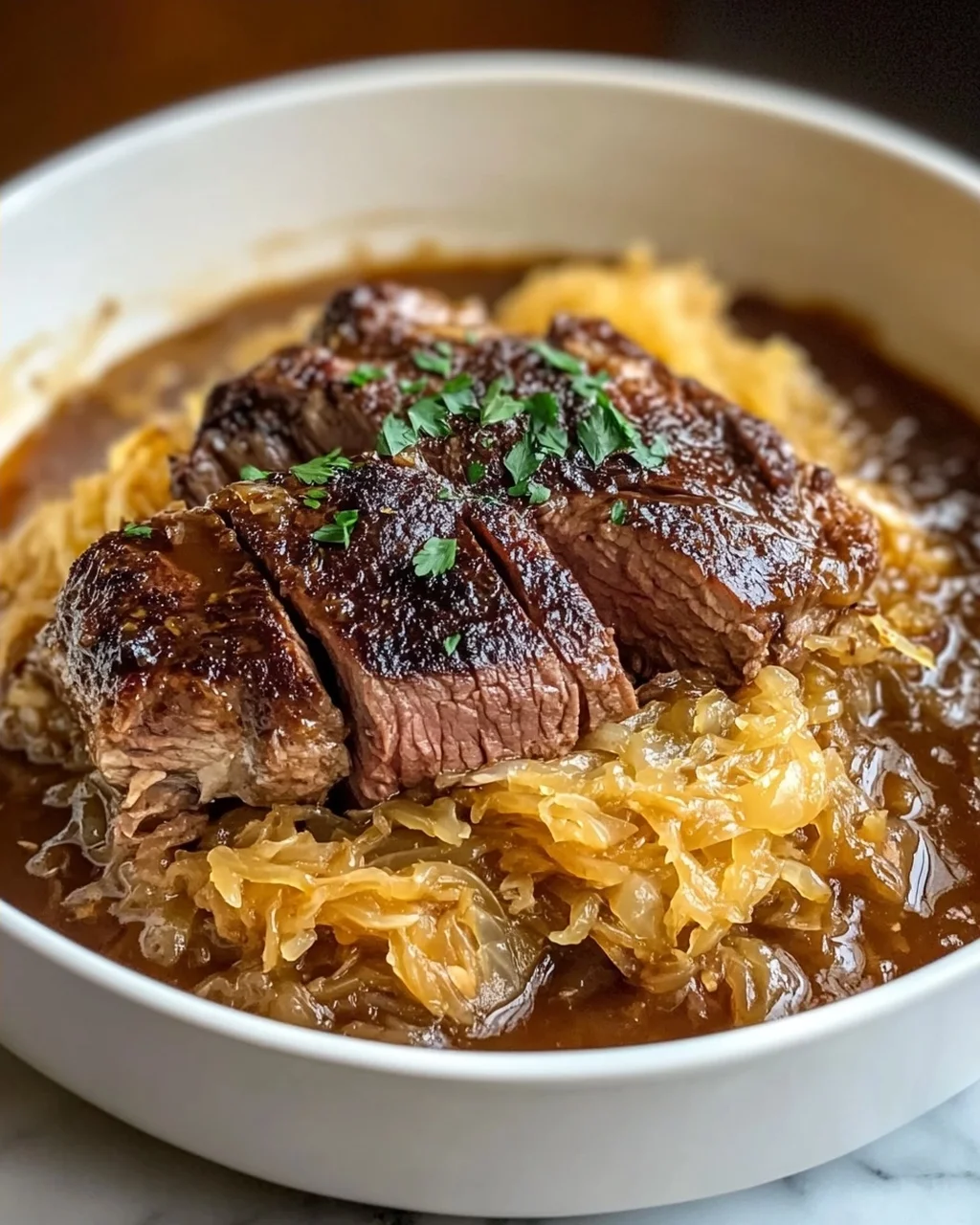 Saftiges Rindfleisch mit Sauerkraut und braunem Zucker Rezept