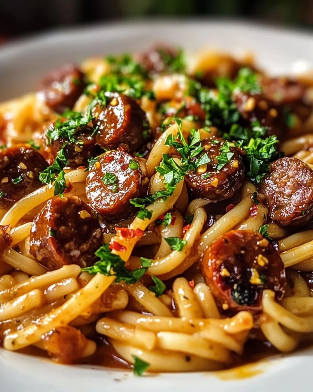 Scharfe Honig BBQ Wurst Pasta aus einer Pfanne – Schnell & Lecker!
