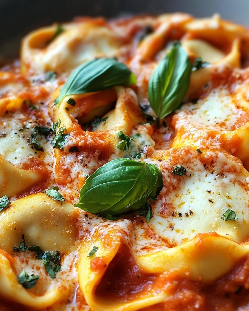 Tortellini mit Tomaten-Sahnesoße, Käse und Basilikum
