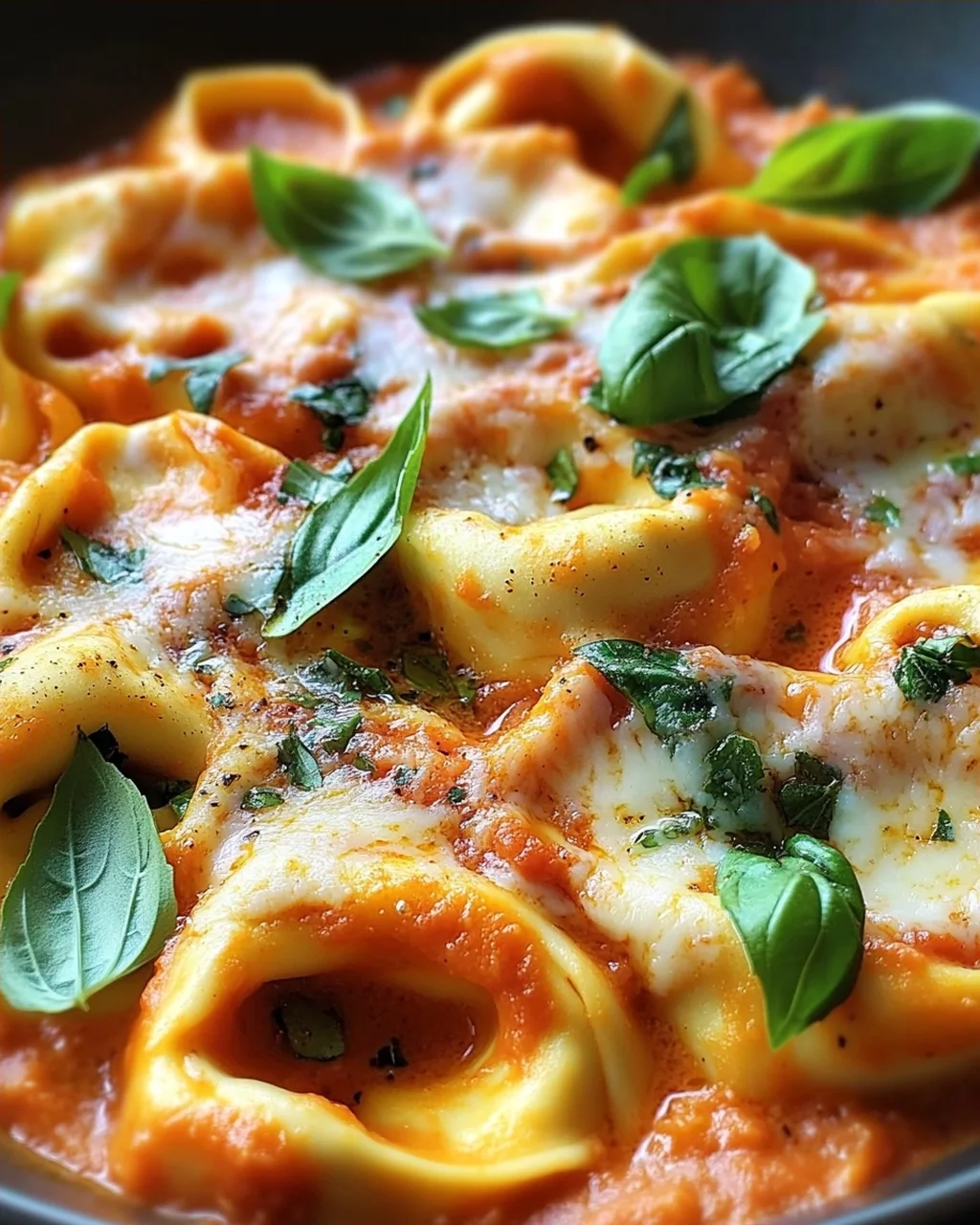 Tortellini mit Tomaten-Sahnesoße, Käse und Basilikum