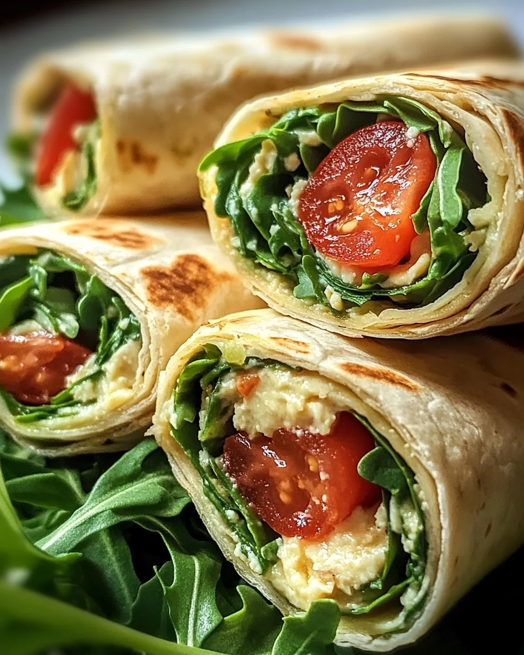 Vegetarische Wrap-Röllchen mit Rucola und Tomaten