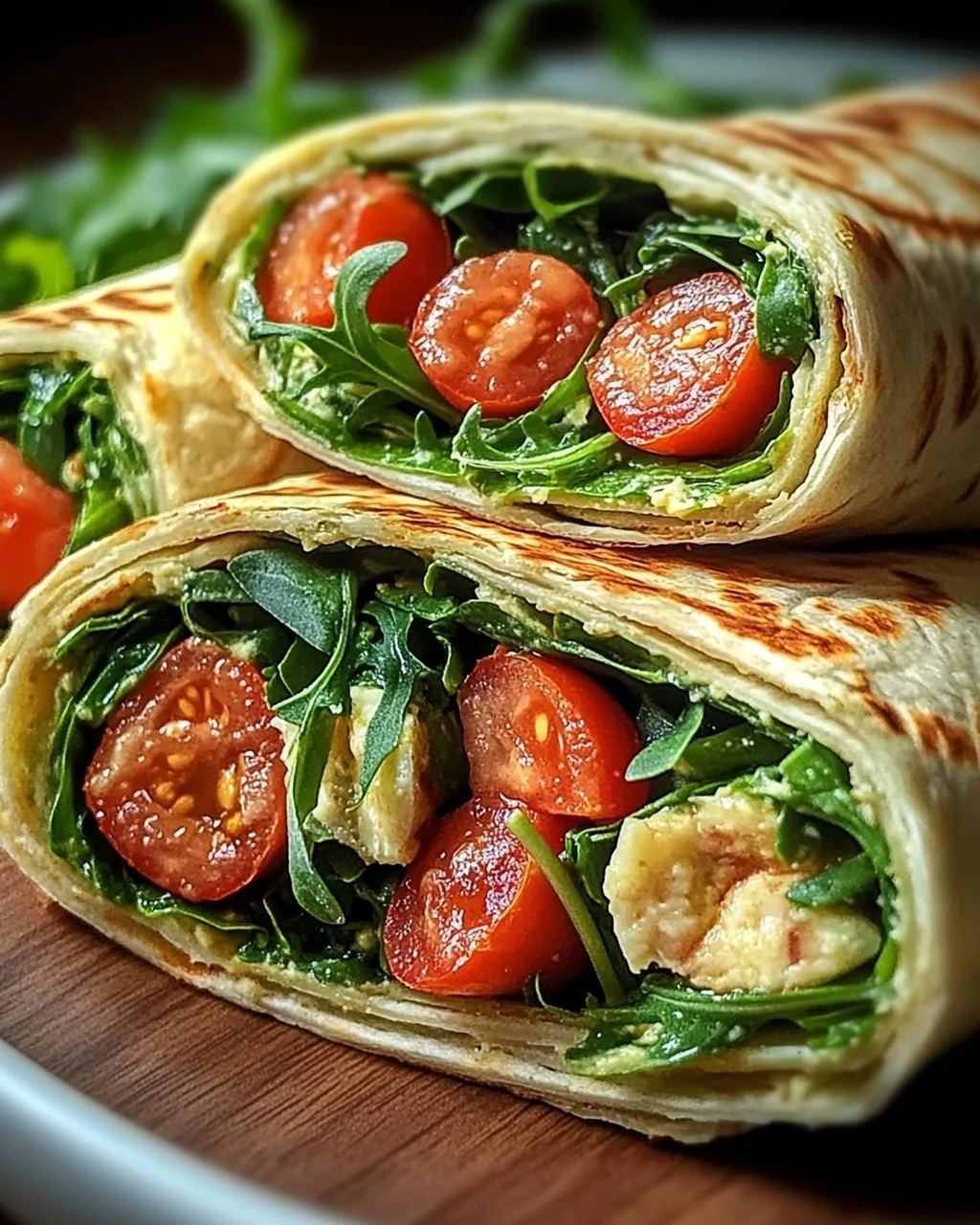 Vegetarische Wrap-Röllchen mit Rucola und Tomaten