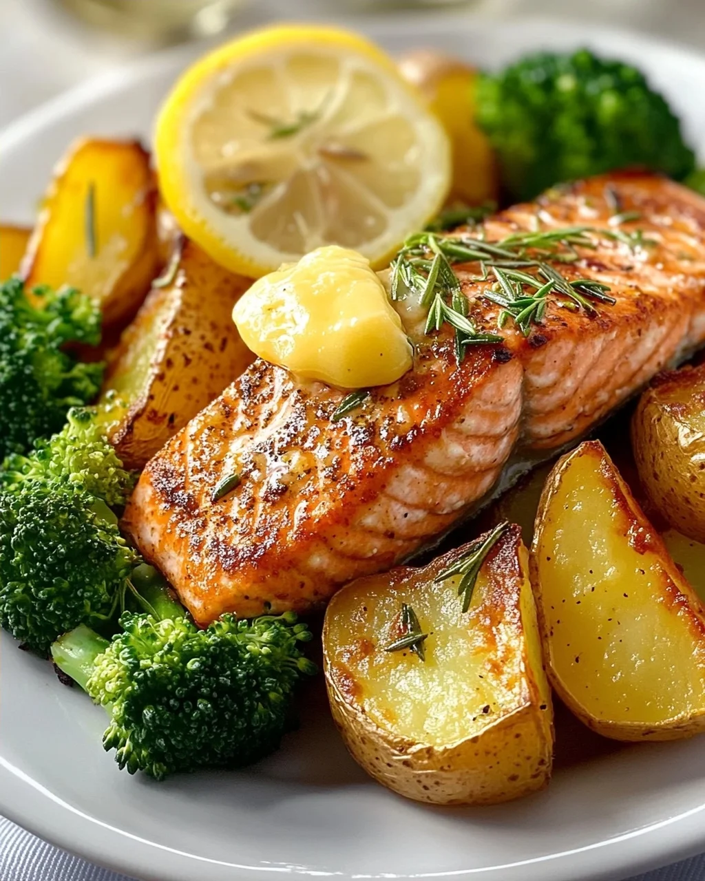 Zitronenbutterlachs mit Knusprigen Kartoffeln und Brokkoli