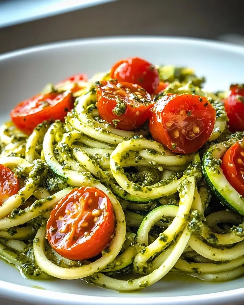 Zucchini Spaghetti mit Pesto & süßen Kirschtomaten – leicht & lecker!