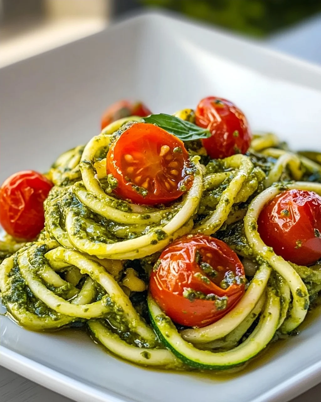 Zucchini Spaghetti mit Pesto & süßen Kirschtomaten – leicht & lecker!
